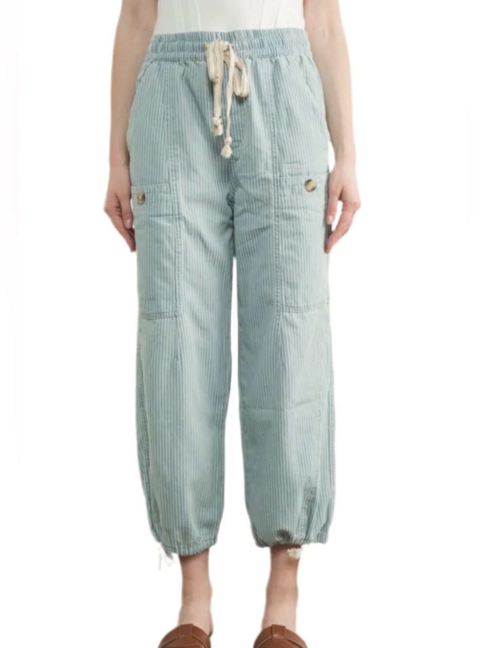 Aaron & Amber Lily Pull-On Cotton Striped Pants w/ Drawstring Trim in S